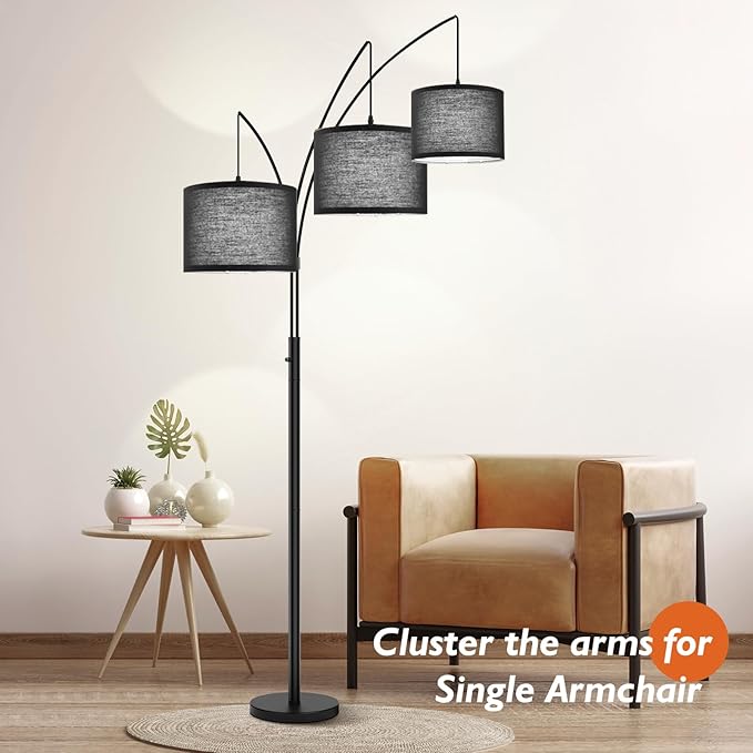 3 Lights Arc Floor Lamps for Living Room, Black Modern Tall Standing Lamp Hanging Over The Couch with Shades & Heavy Base,Mid Century Tree Floor Lamp for Bedroom Office