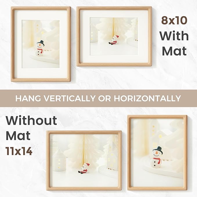 11x14 Picture Frame Set of 2, USA-Sourced Oak Wood Photo Frame with Tempered Glass, Handcrafted Rounded Corner 11 x 14 Wooden Frame Matted to 8x10 Photos, Wall or Tabletop Display