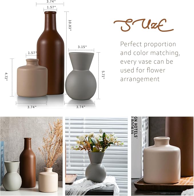 Ceramic Flower Vase Without Dried Fake Flowers, Centerpiece vases for Table, Modern Vases for Home Decor- 3 Pcs