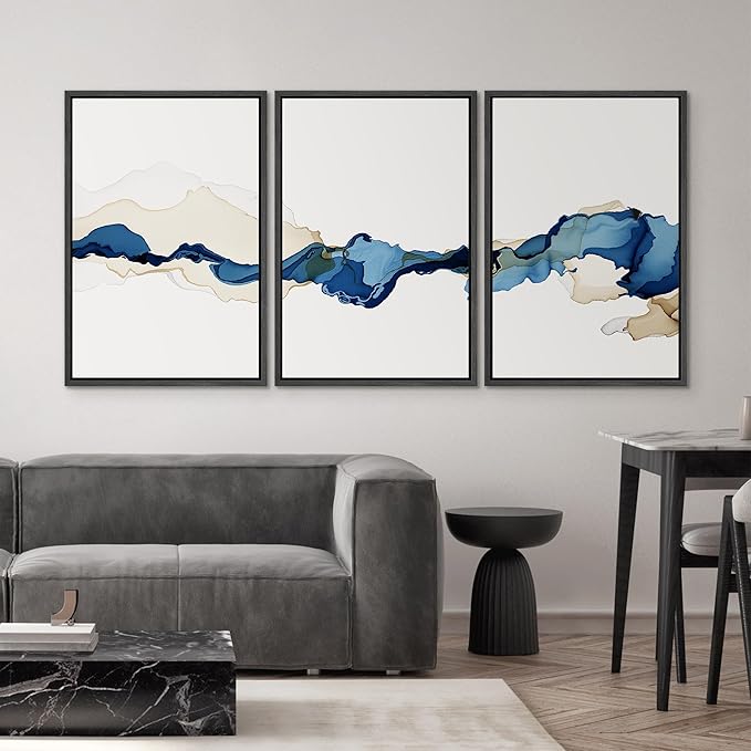 SIGNWIN 3 Piece Framed Canvas Wall Art Blue and Brown Watercolor Nature Wilderness Illustrations Abstract Traditional Relax/Calm Home Artwork Decoration for Living Room,Bedroom - 24"x36"x3 Black