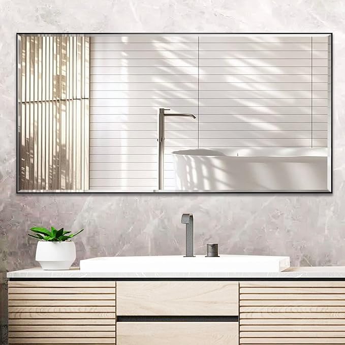 24x40 Inch Black Mirror with Beveled Trim, Aluminum Frame Bathroom Vanity Mirror, Copper-Free Mirror, Rectangle Wall Mounted Mirror, Modern Rectangular Mirror Horizontal or Vertical