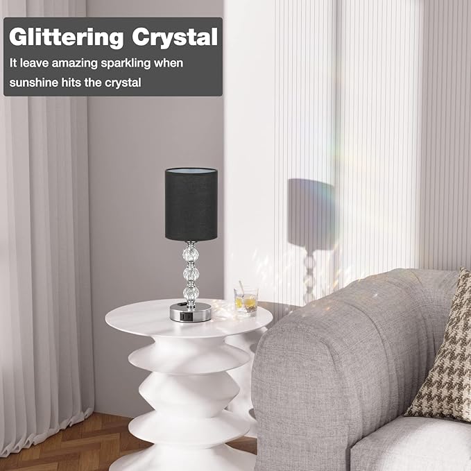 Black Touch Bedside Lamps for Bedrooms - Crystal Table Lamp with USB C+A Charging Port and AC Outlet Nightstand, 3 Way Dimmable Silver Small End Side Table Lamp for Living/Guest/Dinning Room/Kitchen