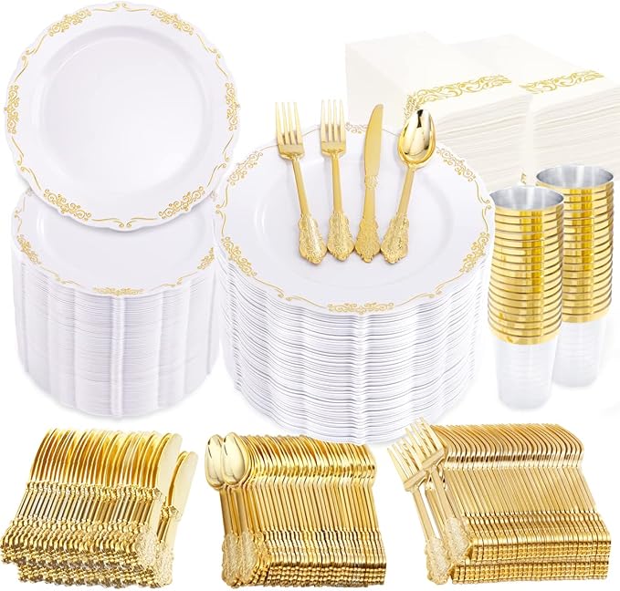 supernal 800pcs Gold Plastic Dinnerware Set,100pcs 10.25" Dinner Plates,100pcs 7.5" Dessert Plates,400 Gold Plastic Silverware,100 Cups,100 Napkins,100 Guest Tableware set