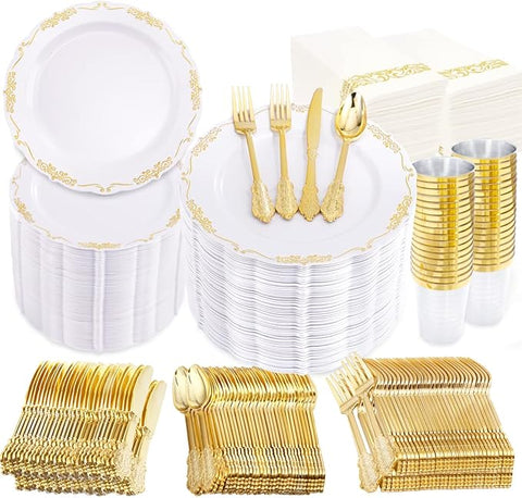 supernal 800pcs Gold Plastic Dinnerware Set,100pcs 10.25" Dinner Plates,100pcs 7.5" Dessert Plates,400 Gold Plastic Silverware,100 Cups,100 Napkins,100 Guest Tableware set