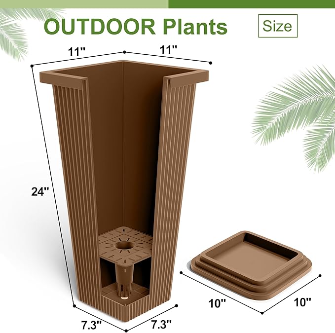 24-Inch Tall Planters Set of 2 for Outdoor and Indoor Use,Tapered Flower Pots with Drainage Tray, Front Porch and Patio Decor,Ideal for Large Plants (Stripes-Brown)