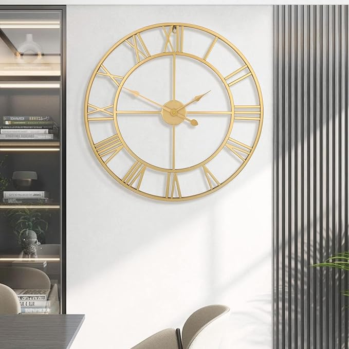 1st owned Large Wall Clock Silent Non-Ticking Roman Numerals Vintage Battery Operated (24 inch,18inch,16inch) Farmhouse Wall Clock for Living Room, Bedroom, Kitchen, Cafe Decor-Gold 40CM