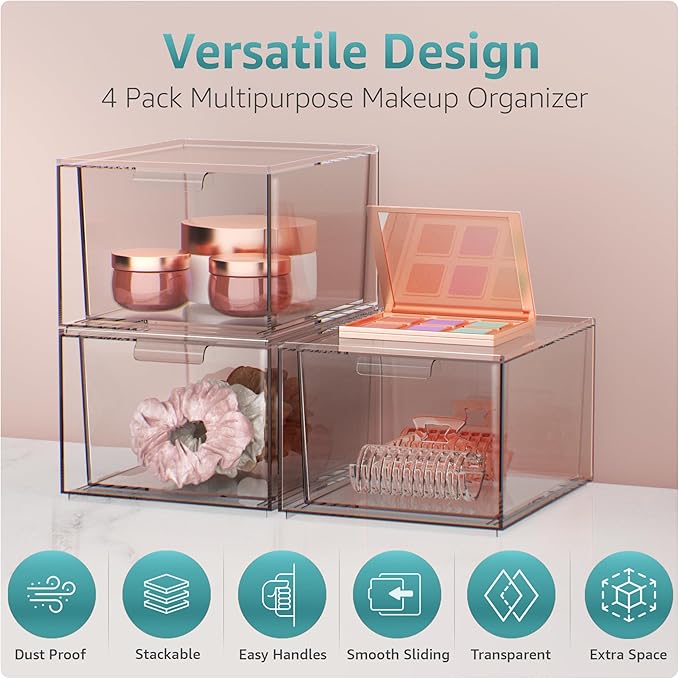 Sorbus Square Clear Stackable Storage Drawers – 4-Pack Plastic Organizer Bins with Handles – Stackable Pull-Out Storage Drawers for Closet, Pantry, Office, Bathroom, Craft, and Toy Organization