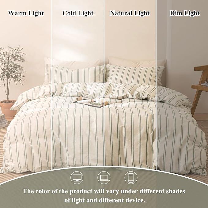 VM VOUGEMARKET Teen Boys Duvet Cover Set Twin,Greyish-Green Stripes Duvet Cover with 2 Pillowcases,Modern Cozy Washed Cotton Comforter Cover with Zipper Closure & Corner Ties 68"x90"(3pcs,Twin XL)