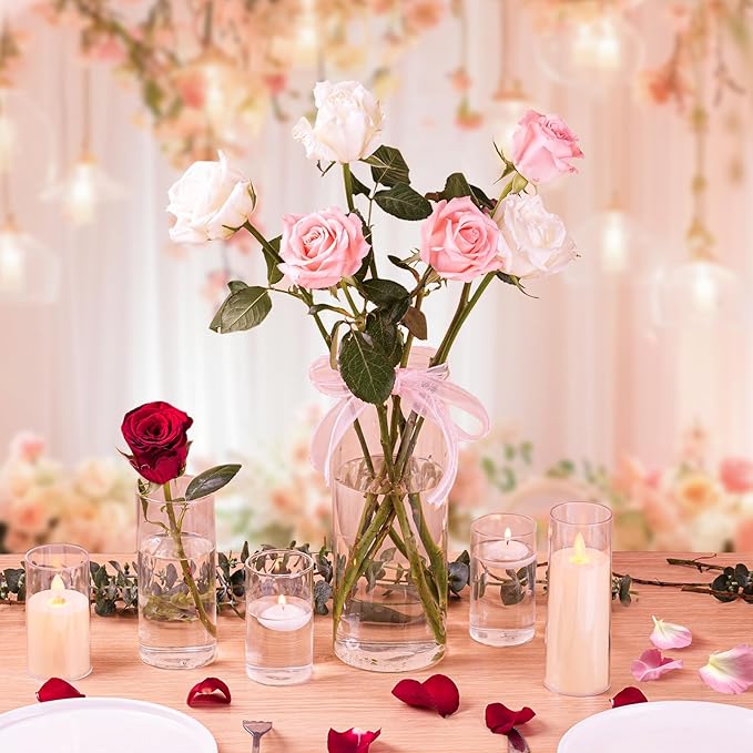 12pcs Clear Glass Cylinder Vases, 4, 6, 7.5, 10 Inch Tall Cylinder Vases for Centerpieces,Glass Flower Vase Hurricane Floating Candle Holder Vase for Table Shelf, Wedding, Party,Home & Office Decor
