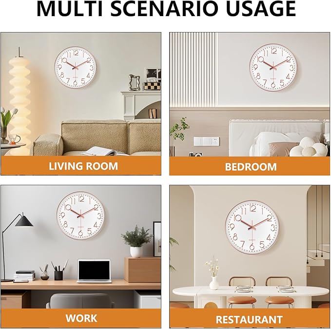 Modern Silent Wall Clock - 12 Inch Wall Clocks Battery Operated Large Number, Non-Ticking Analog Clock with Tempered Glass Quartz Clocks for Living Room Bedroom Office Kitchen, Rose Gold