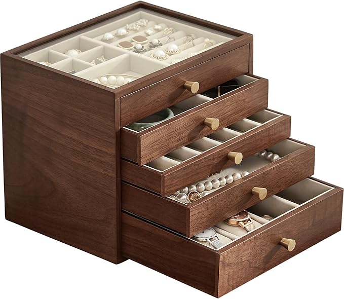 Black Walnut Wooden Jewelry Box Women large 5 Layer Drawer Wood Organizer Box with Glass Lid for Necklaces, Watch, Necklace, Ring, Earring Storage - Gifts