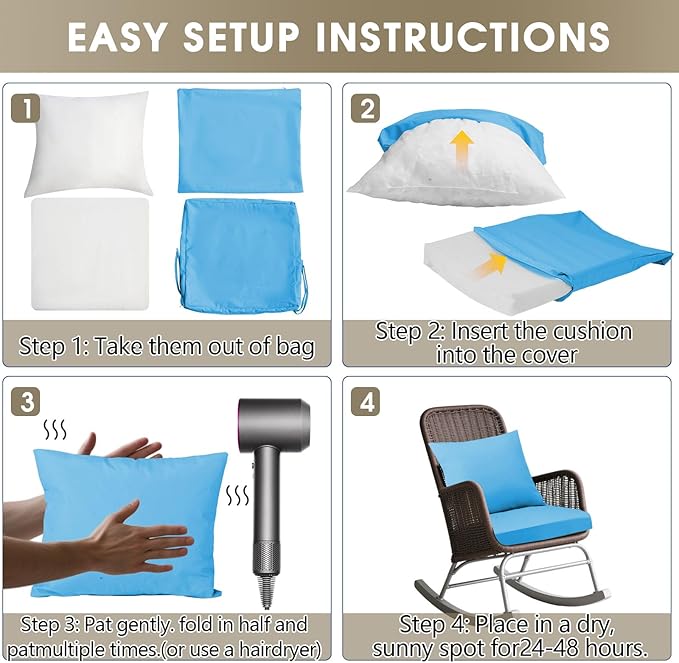 Outdoor Seat Cushion Set 22 x 22 In, Water-Resistant & Fade-Resistan, Patio Furniture Cushions with Removable Cover Deep Seat & Back Cushion with Handle and Adjustable Straps for Chair Sofa,4PC