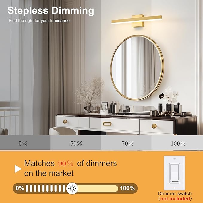 Gold Bathroom Vanity Light 23.6 inch, 14W Dimmable 5CCT LED Modern Bathroom Light Fixture Over Mirror - ETL Certificated