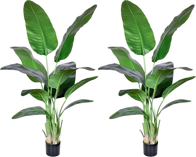 2Packs 5FT Artificial Bird of Paradise Plant,Faux Palm Tree Potted Plant with Real Touch Leaves,Fake Trees for Home Living Room Office Indoor Outdoor Decor(5 FT-2Packs)
