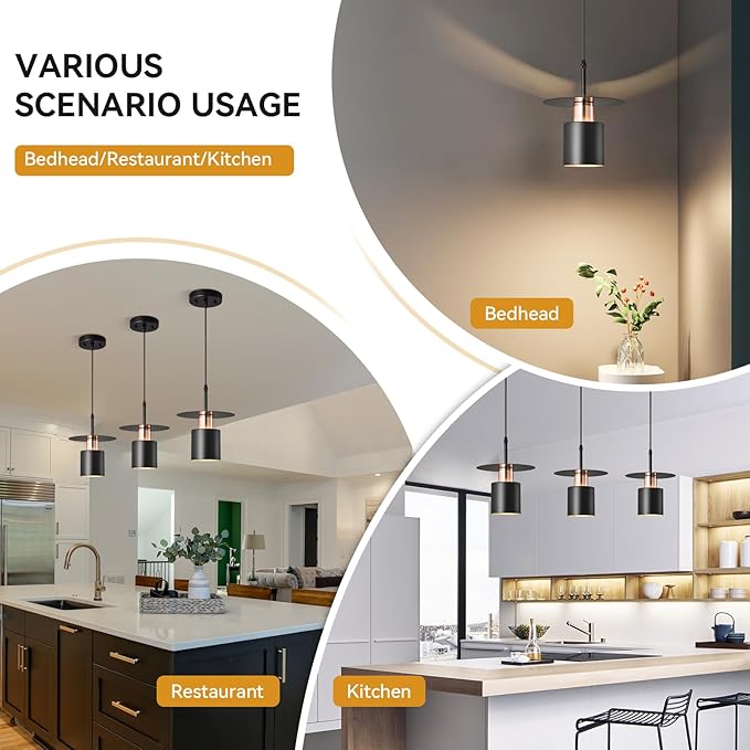Black Pendant Light Fixture,Modern Hanging Lamp Adjustable Height, Industrial Ceiling Pendant Lighting for Kitchen Island Living Room, Bedroom, Hallway, Bar, Cafes(3-Pack)