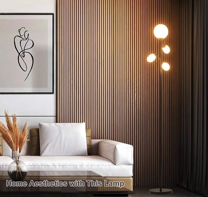 Fiqevs 4 Globe Mid Century Floor Lamp, 4 x 800LM LED Bulbs Included, Torchiere Modern Black Tree Standing Lamp, Contemporary Vintage Tall Lamp for Living Room, Bedroom & Office