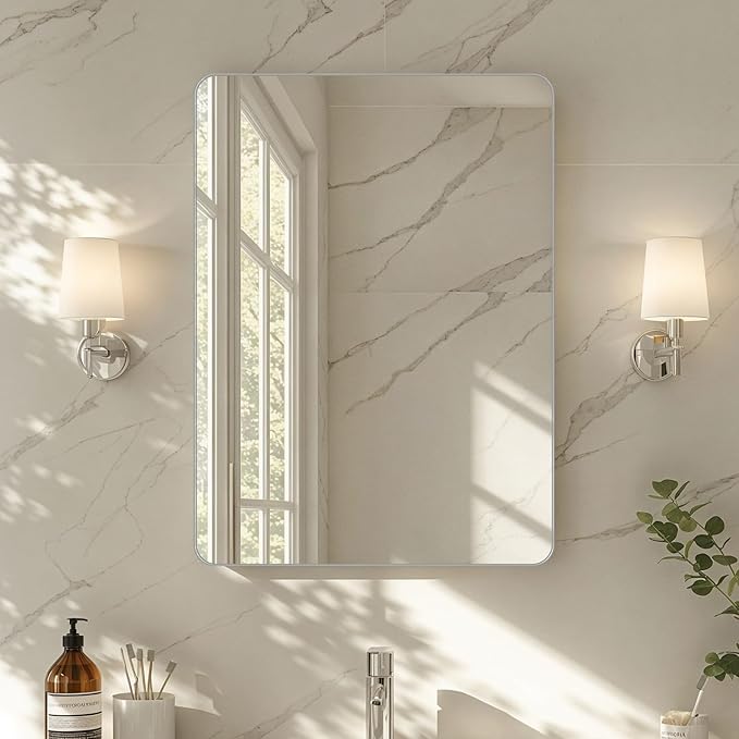 20x16"Bathroom Vanity Mirror for Wall, Aluminum Framed, Farmhouse Rectangle, Anti-Rust, HD Reflection Anti-Desilvering, Distortion Free, Tempered and Shatter-Proof Wall Mounted Mirror, Silver