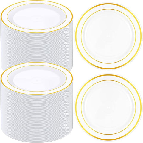 200 Pieces Disposable Plates Plastic Party Plates with Rim Hard Plastic Appetizer Salad Dessert 7.5 Inch Elegant Heavy Duty Tableware for Dinner Wedding Party Supplies(Gold Rim)