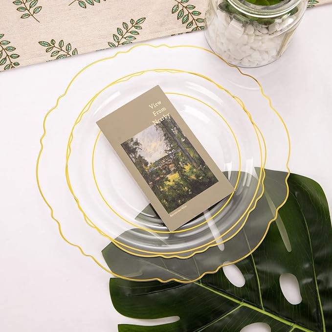 WDF 100pcs Clear Disposable Plastic Plates With Gold Trim - Baroque Clear Gold for Parties or Wedding or Father's Day - including 50PCS Dinner Plates 10.25inch and 50PCS Salad Plates 7.5inch