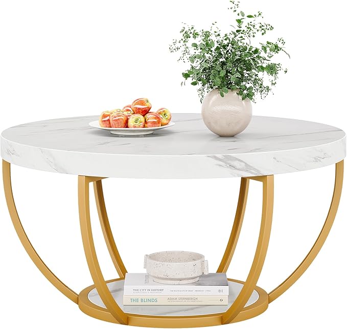 Tribesigns Modern Round Coffee Table, 2 Tier Coffee Table with Faux White Marble and Golden Metal Legs, Circle Center Table Tea Table Accent Furniture for Living Room, White and Gold