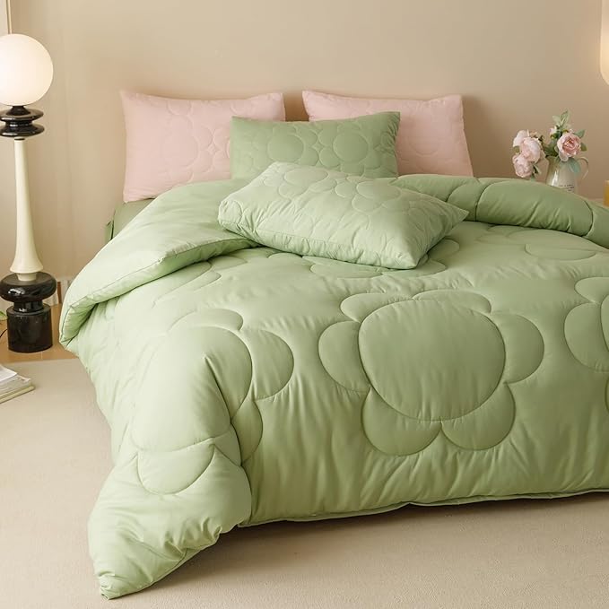 Luxlovery Sage Comforter Set Queen Sunflower Light Green Bedding Comforter Set Queen Size Boho Botanical Big Flowers Quilts Farmhouse Grass Green Comforter for Women Men