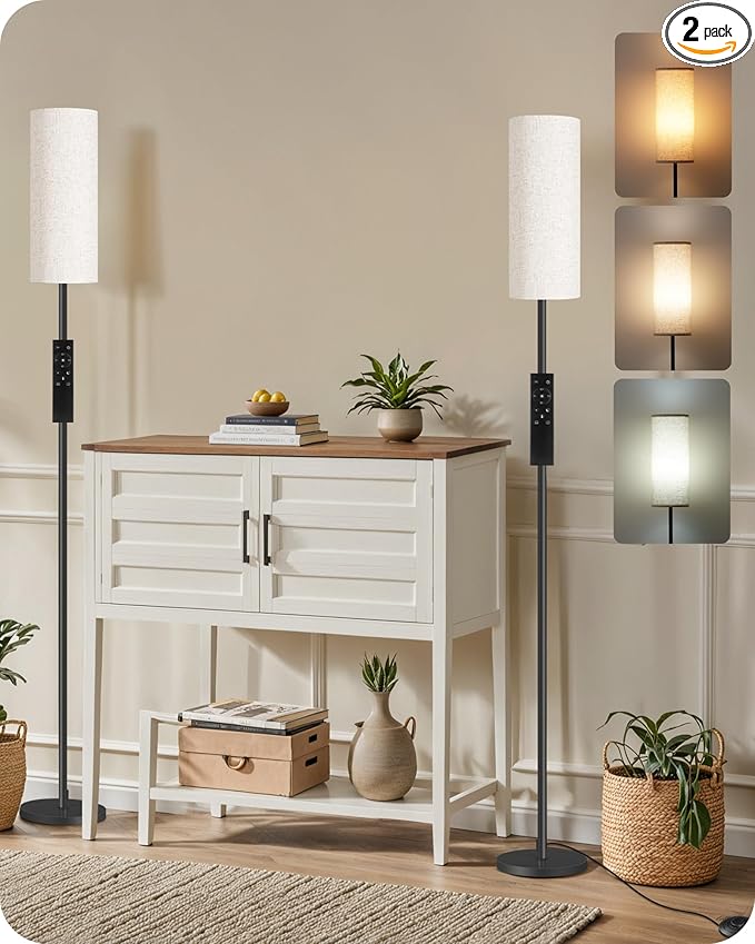2 Pack Dimmable Floor Lamps for Living Room with 2 Remotes and Foot Switch, Corner Floor Lamp, Standing Tall Lamp, 10W 900LM LED Bulb Included, 3000K-6500K, Linen Shade, FCC Listed E06LDP205W1