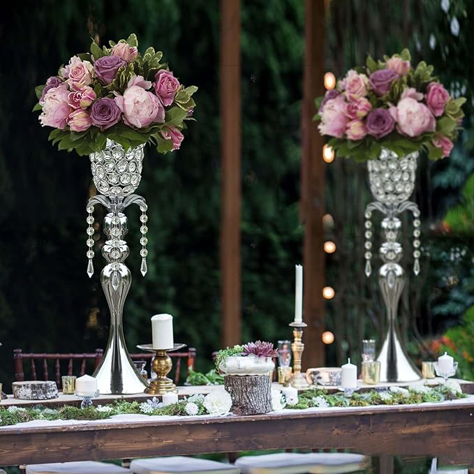 6Pcs Silver Crystal Metal Vase Set - Tulip & Trumpet Wedding Centerpieces, Artificial Flower Arrangement Vases Bulk for Home Decor, Restaurant Table Displays
