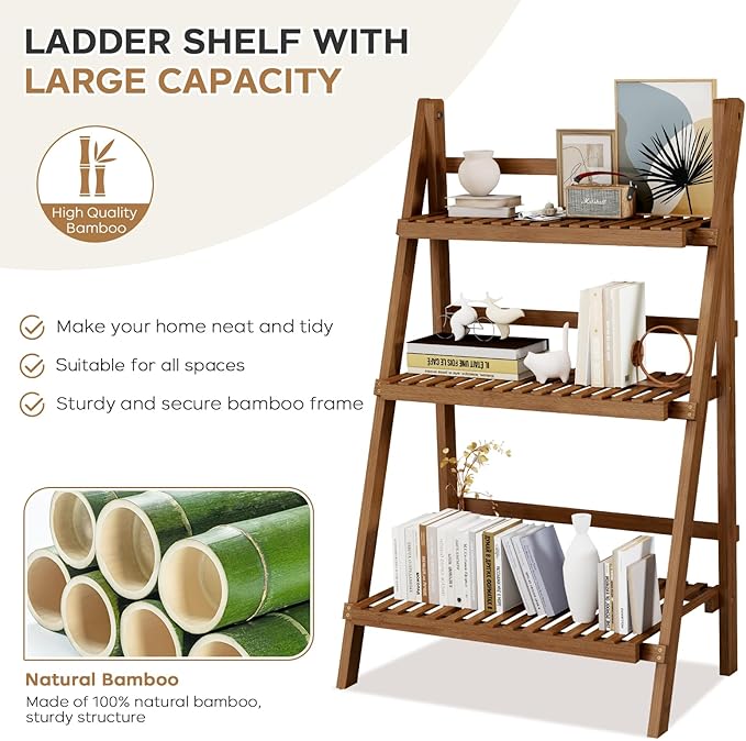 Bamboo Ladder Shelf Plant Shelf, 3 Tier Foldable Ladder Flower Pot Display Shelf Rack, Freestanding Ladder Bookshelf for Garden, Balcony, Yard, Patio, Lawn, Living Room, 23.6"W x 15"D x 39.4"H, Walnut