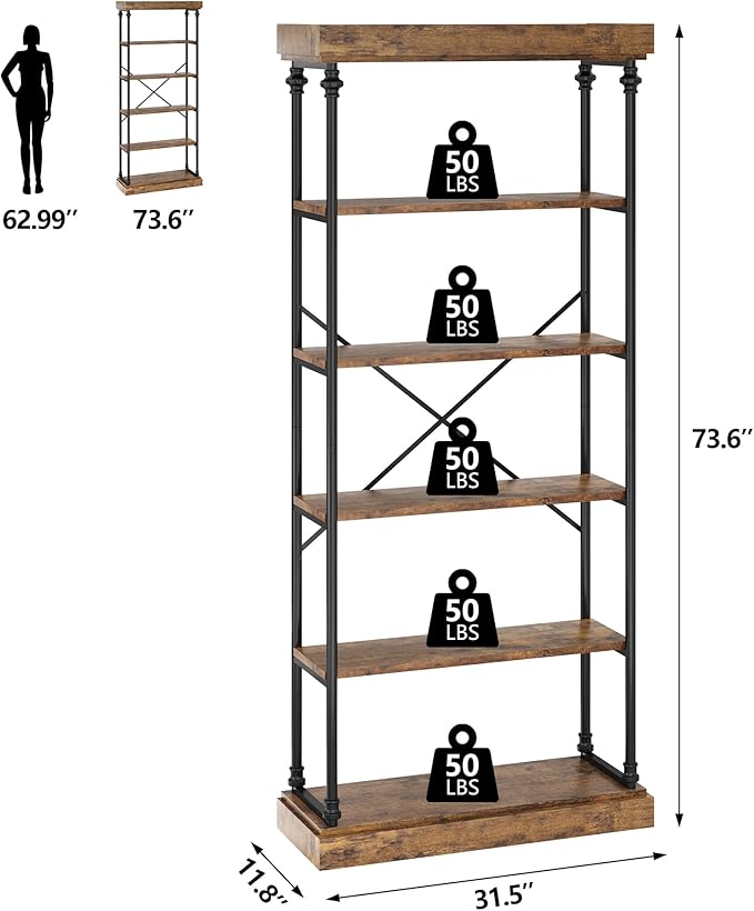 IDEALHOUSE Industrial Bookshelf Wood Bookcase 6 Tier Storage Open Rack Shelf Metal Frame Rustic Tall Standing Bookshelves Large Vintage Display Rack for Bedroom,Living Room and Home Office