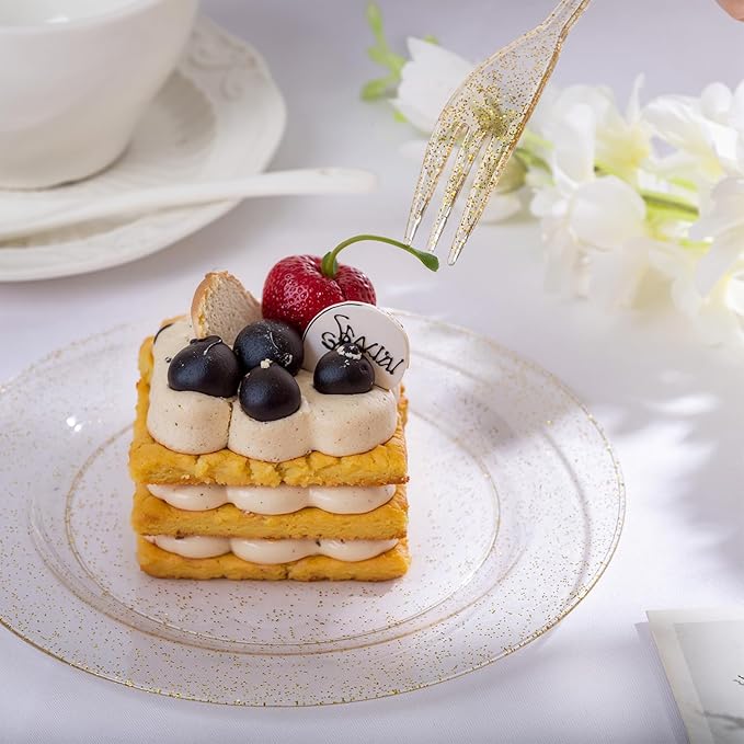 WELLIFE 120 Guests Gold Glitter Plastic Plates and Dessert Forks, 6.5 inch Disposable Dessert Plates, Durable Plastic Small Forks, Perfect for Catering, Parties &Weddings, regular