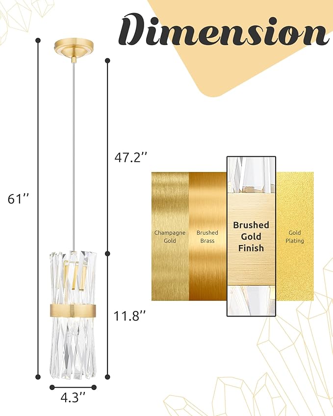 Ken & Ricky Crystal Pendant Lights, Modern Pendant Lights Kitchen Island, Gold Pendant Light for Kitchen Dinning Room Bathroom, Pendant Light with Two Style Options, KR3355-1PK