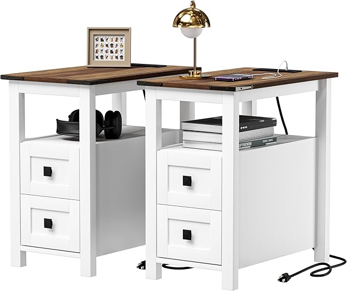 Farmhouse Nightstand with Charging Station and 2 Storage Drawers, Bedside Table with Barn Door and Shelf, Rustic End Table Side Table for Bedroom, Living Room, Sofa