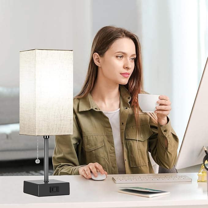 Table Lamp for Bedroom set of 2,3-Color Bedside Lamps with Pull Chain Table Lamps for Nightstand with AC Outlets,Night Light Lamps with 2 Bulbs Lamps for Living Room Kids Office Decor（Black+Cream）