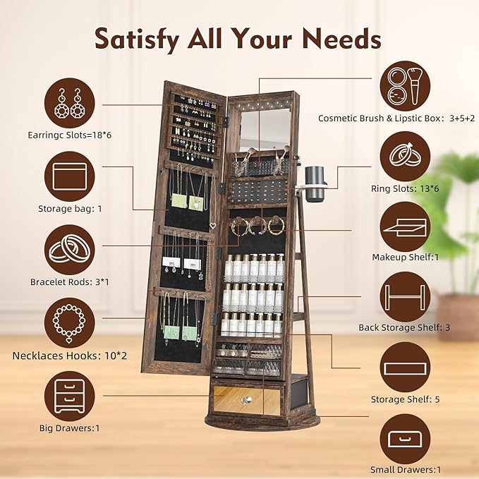 Mirror Jewelry Cabinet Standing, 360° Swivel Jewelry Armoire with 6 LED Lights, Rotatable Mirror Jewelry Organizer, Rustic Brown
