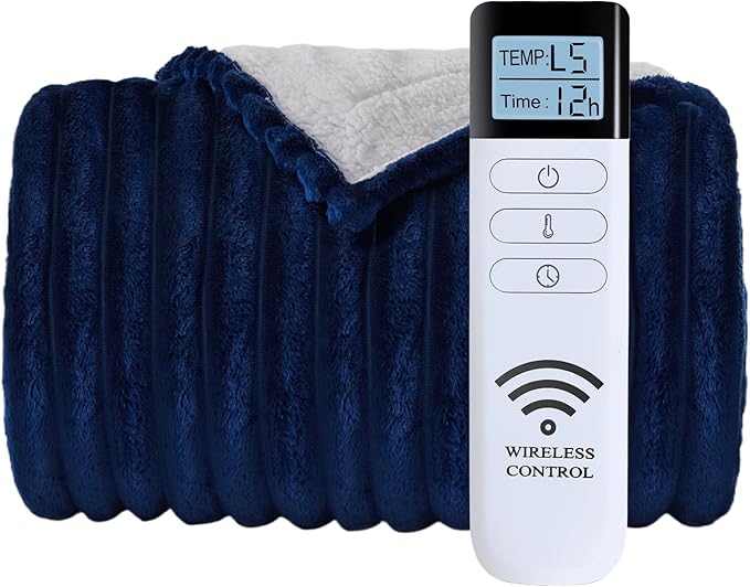Heated Blanket Electric Blanket 50"x60", Soft Flannel Sherpa Electric Throw with 5 Heating Level & 1-12 Hour Auto Off, Heated Throw with Overheating Protection, Machine Washable (Navy Blue)