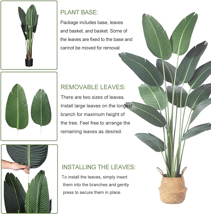 Artificial Bird of Paradise Plants 6 Ft Fake Tropical Palm Tree with 13 Trunks in Pot and Woven Seagrass Belly Basket Perfect Faux Plant for Home Indoor Outdoor Office Modern Decor Green 1Pc…