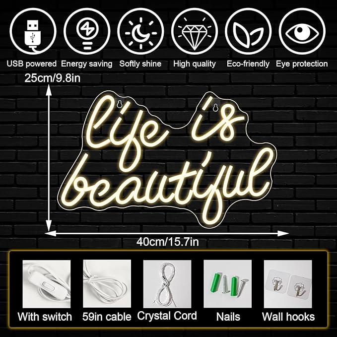 Horseneon Life is Beautiful Neon Signs for Wall Decor, Letter Neon Lights for Bedroom, Led Sign with USB Powered for Livingroom, Wall Hanging Decor, Windows (Warm White)