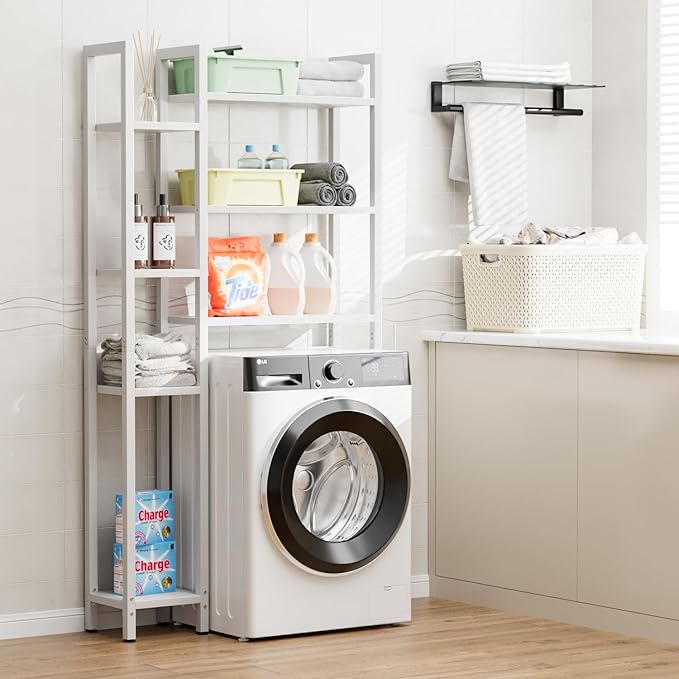 OTK Over The Toilet Storage with 7-Tier Bathroom Organizer Shelf, Freestanding Space Saver with Hooks & Adjustable Feet, Storage Rack for Bathroom, Restroom, Laundry, White