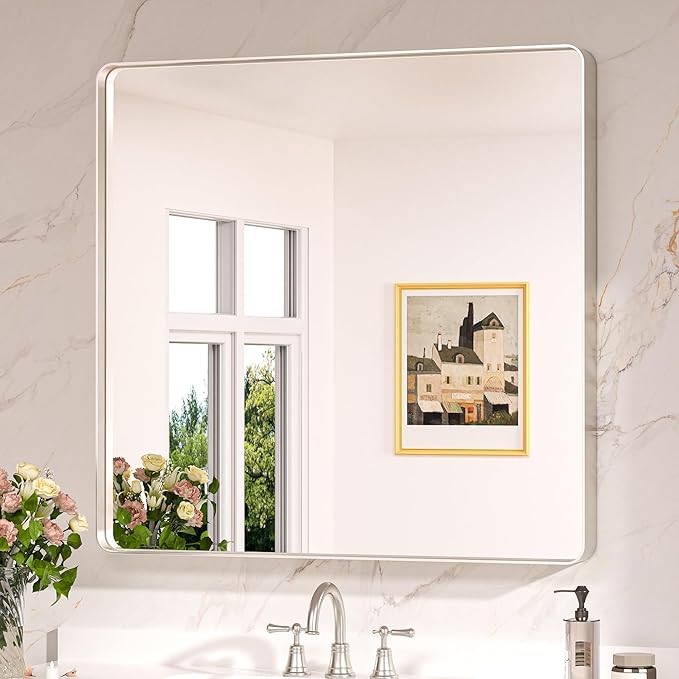 Keonjinn Brushed Nickel Wall Mirror, 36 x 36 Inch Large Square Silver Bathroom Mirrors for Over Sink, Rounded Rectangle Farmhouse Vanity Mirror, HD Tempered Glass Modern Mirror(Horizontal/Vertical)
