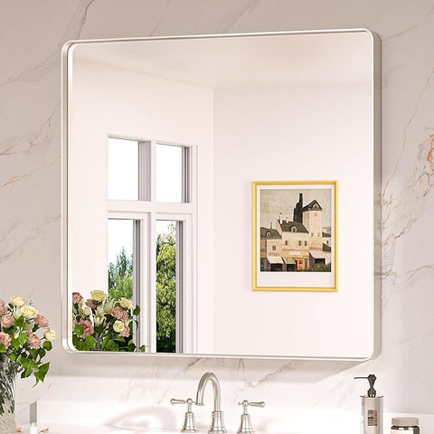 Keonjinn Brushed Nickel Wall Mirror, 36 x 36 Inch Large Square Silver Bathroom Mirrors for Over Sink, Rounded Rectangle Farmhouse Vanity Mirror, HD Tempered Glass Modern Mirror(Horizontal/Vertical)
