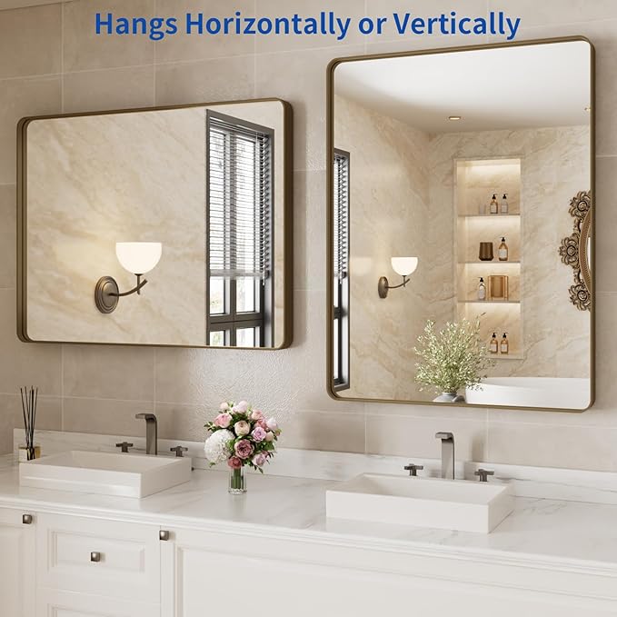 WEER Bronze Bathroom Wall Mirror, 40x32 Inch Oil Rubbed Bronze Vanity Mirror, Farmhouse Bronze Mirror with Aluminum Alloy Brushed Metal Frame, Tempered Glass, Anti-Rust (Horizontal/Vertical)