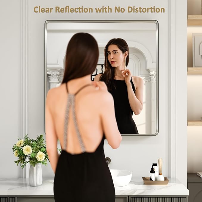 LOAAO 36X36 Inch Brushed Nickel Bathroom Mirror, Rounded Rectangle Silver Metal Frame Mirror, Brushed Nickel, Anti-Rust, Shatter Proof, Hangs Horizontally or Vertically