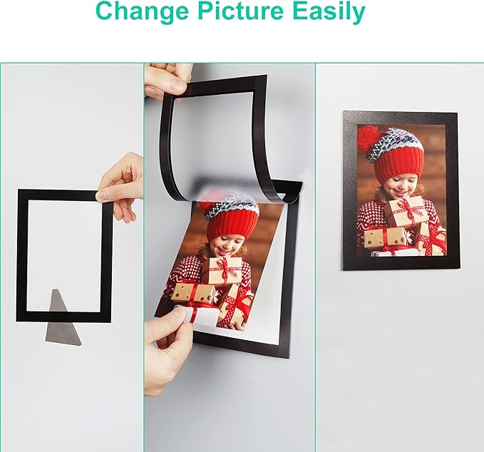 CRUGLA 5x7 Magnetic Picture Frames for Refrigerator 8 Packs, Modified Sheet With Self Adhesive Backing, Black Photo Frame Set for Glass Window Door Cubicle