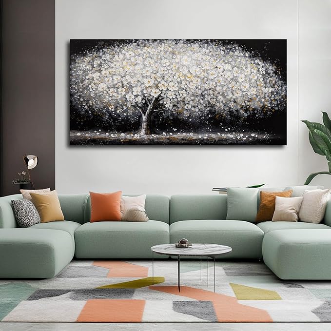NBAODAN Large Modern Artwork Black and White Tree Picture Wall Decor Canvas Wall Art for Living Room Dining Room Kitchen Bedroom 29"x58" White Floral With Gold Decorations