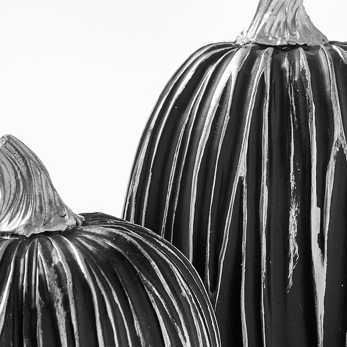 DN DECONATION Pumpkin Decorations for Fall and Halloween Indoor Home Decor, Black and Silver Faux Pumpkins–Fall Halloween Table Centerpiece, 2-Pack Resin Pumpkin for Thanksgiving Modern Farmhouse