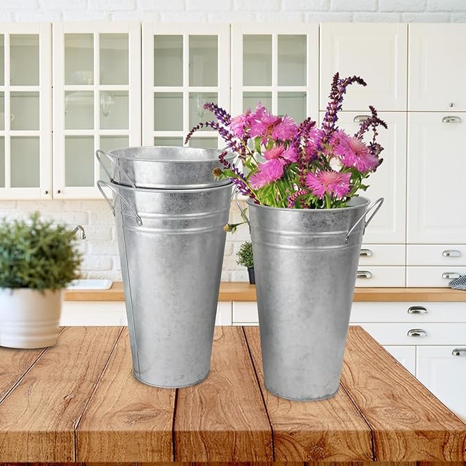 4 Packs 11.8 Inch Tall Galvanized Metal Vases With Handles - Rustic Tall Buckets for Cut Flowers, Country Wedding, Table Centerpiece Decorations - Vintage Style Containers