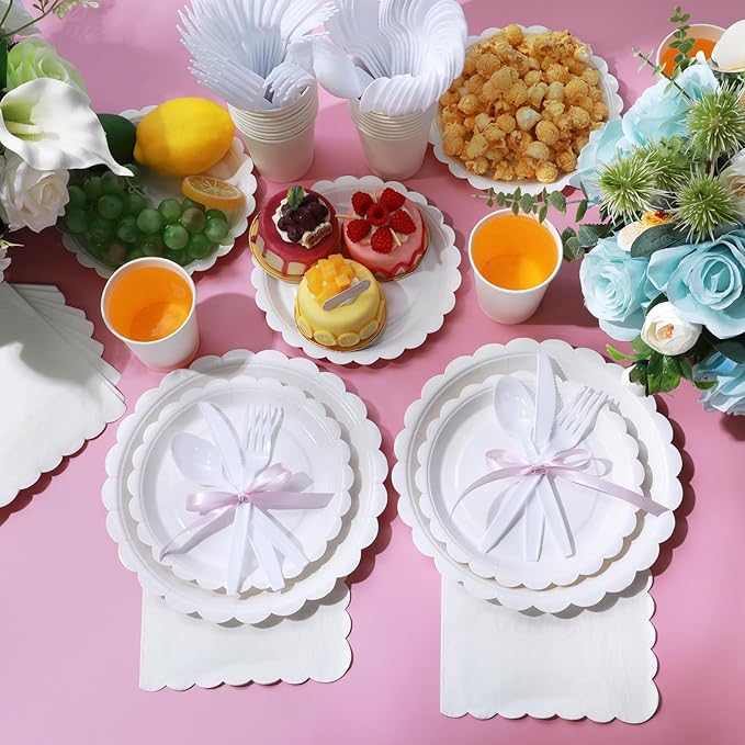 350 Pcs White Plates and Napkins, 50 Guest White Party Supplies Include Scalloped Paper Plates Napkins Cups Plastic Spoons Forks Knives Disposable Tableware Set for Weeding Bridal Baby Shower