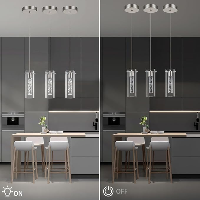 Modern LED Pendant Light, Hanging Crystal Ceiling Fixture Mini Bedroom Bedside Table Small Chandelier with Clear Glass Shade(3 Pack Brushed Nickel)