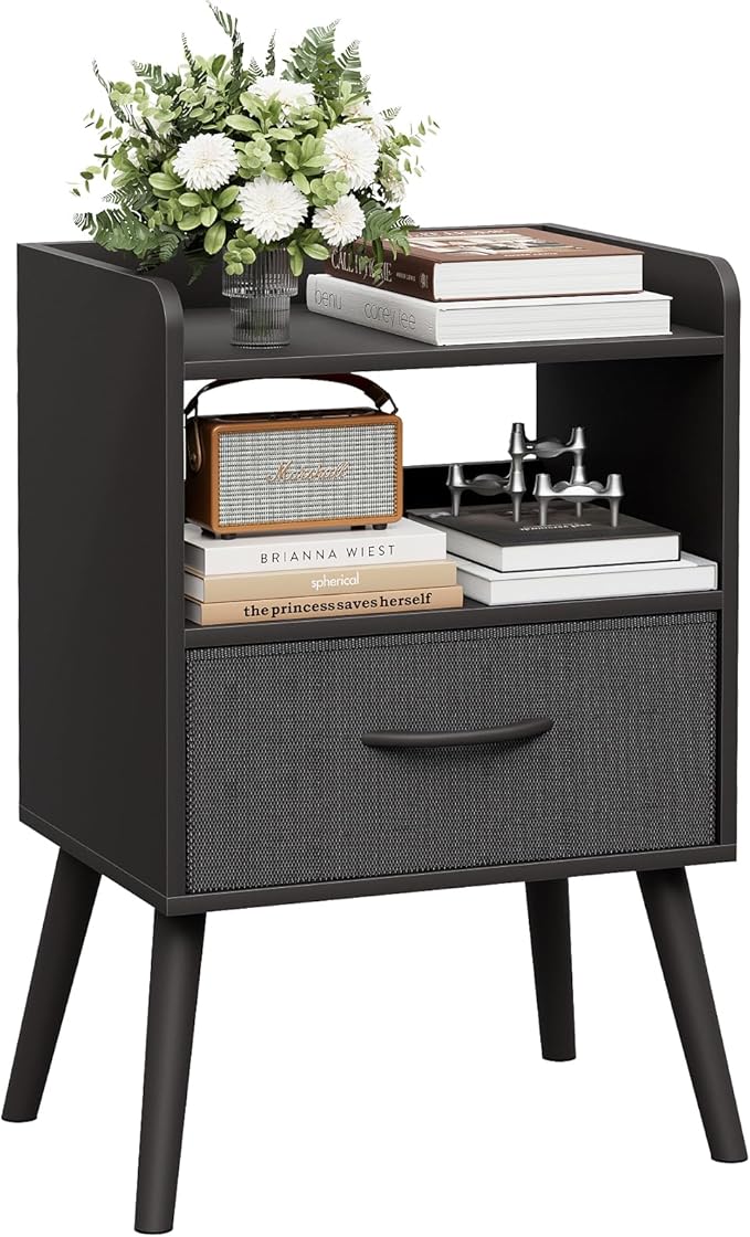 NightStand with Open Shelf,Night Stand with Drawer Storage Side Table End Tables,Bedside Table with Solid Wood Feet,Mid Century Night Stands for Bedroom Sofa Couch Small Spaces (Black)