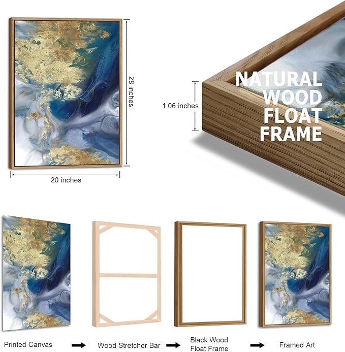 Large Abstract Framed Wall Art - Natural Float Framed Colorful Canvas Pictures Decor Blue Gold White Background Modern Artwork for Bedroom Living Room Kitchen Home Office Decoration 60" X 28" Set of 3